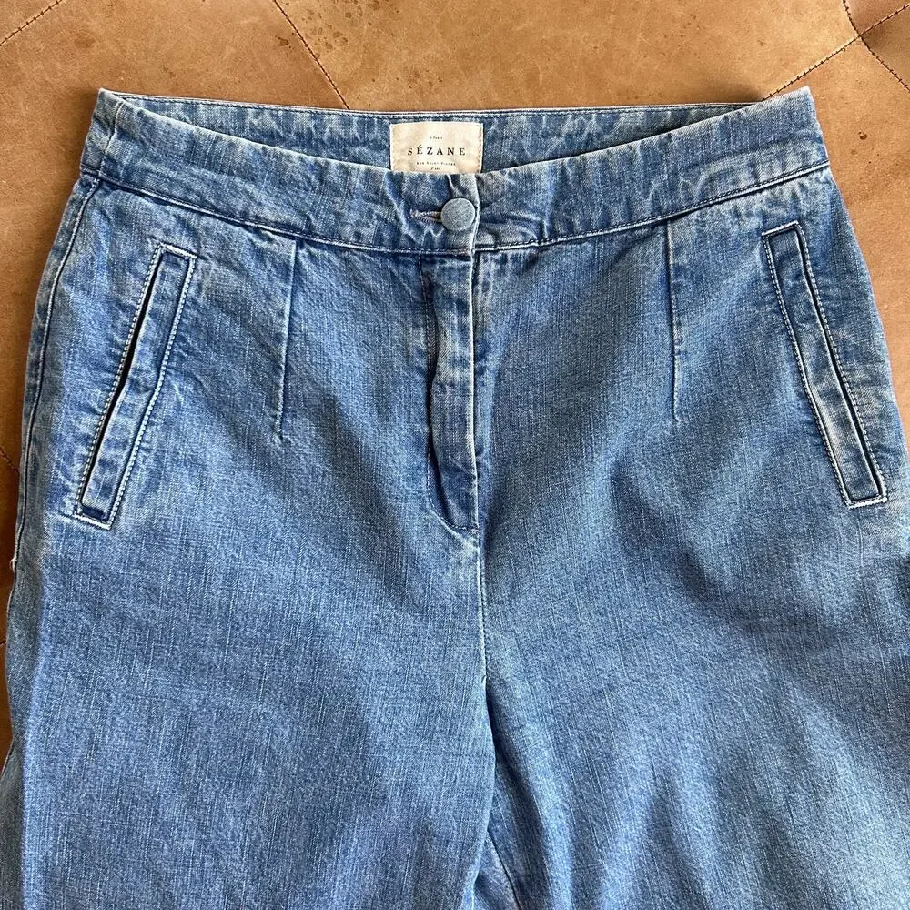 Sezane Martin Cut Jeans High Rise Wide Leg Cotton French Girl Soft Blue 38 US 6